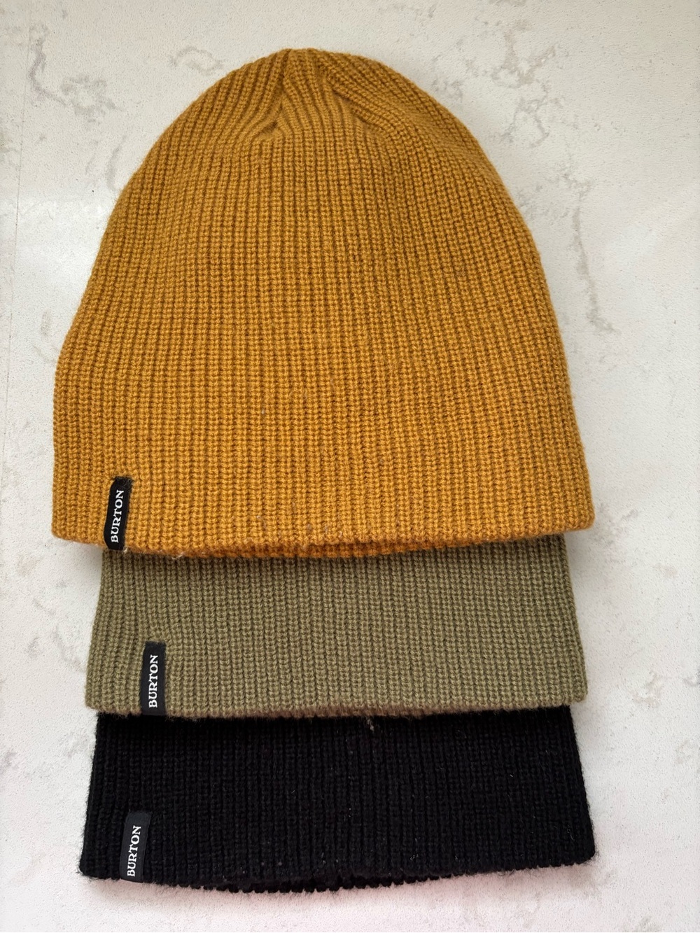 Burton Ribbed Knit Beanie Toque Trio in Mustard, Olive, Black